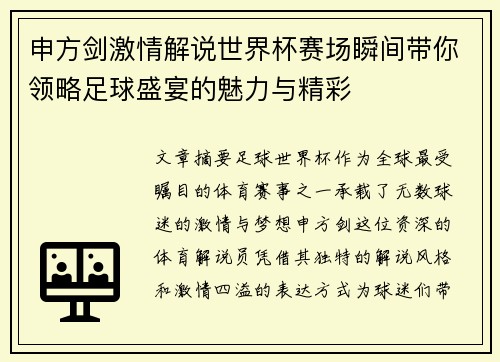 申方剑激情解说世界杯赛场瞬间带你领略足球盛宴的魅力与精彩