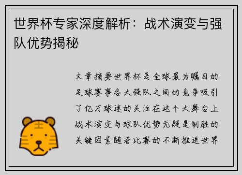 世界杯专家深度解析：战术演变与强队优势揭秘