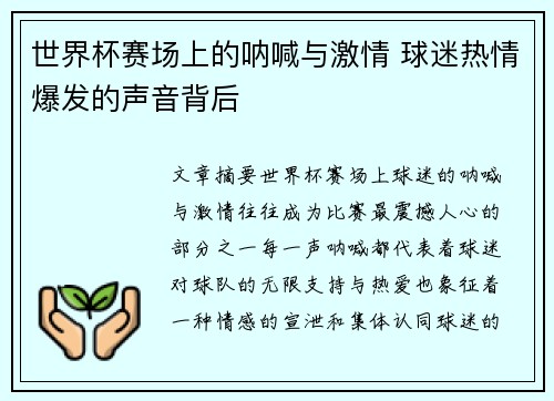 世界杯赛场上的呐喊与激情 球迷热情爆发的声音背后